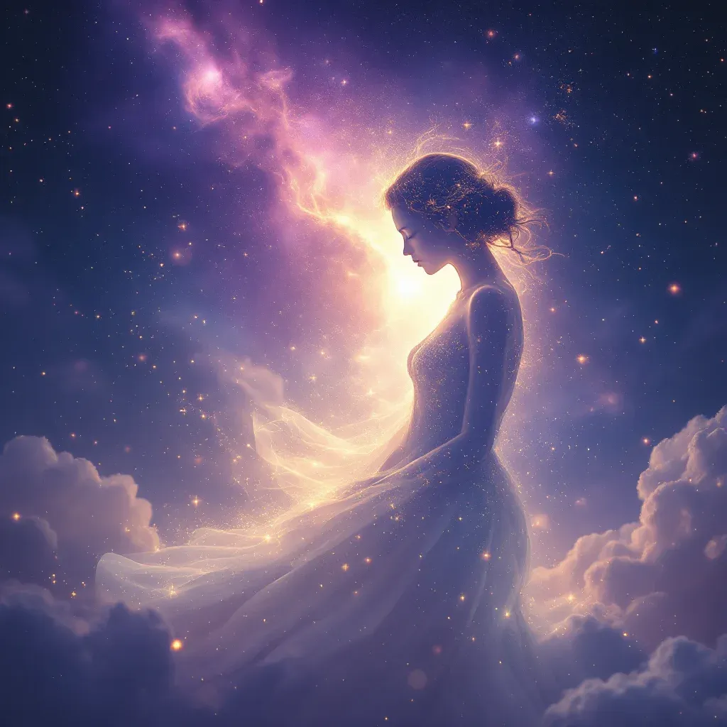 Die Mutter in Weiß sehen — kosmisches Mini-Bild, das die Variante „Die Mutter in Weiß sehen“ des Symbols „Im Traum mit der Mutter sprechen“ darstellt.