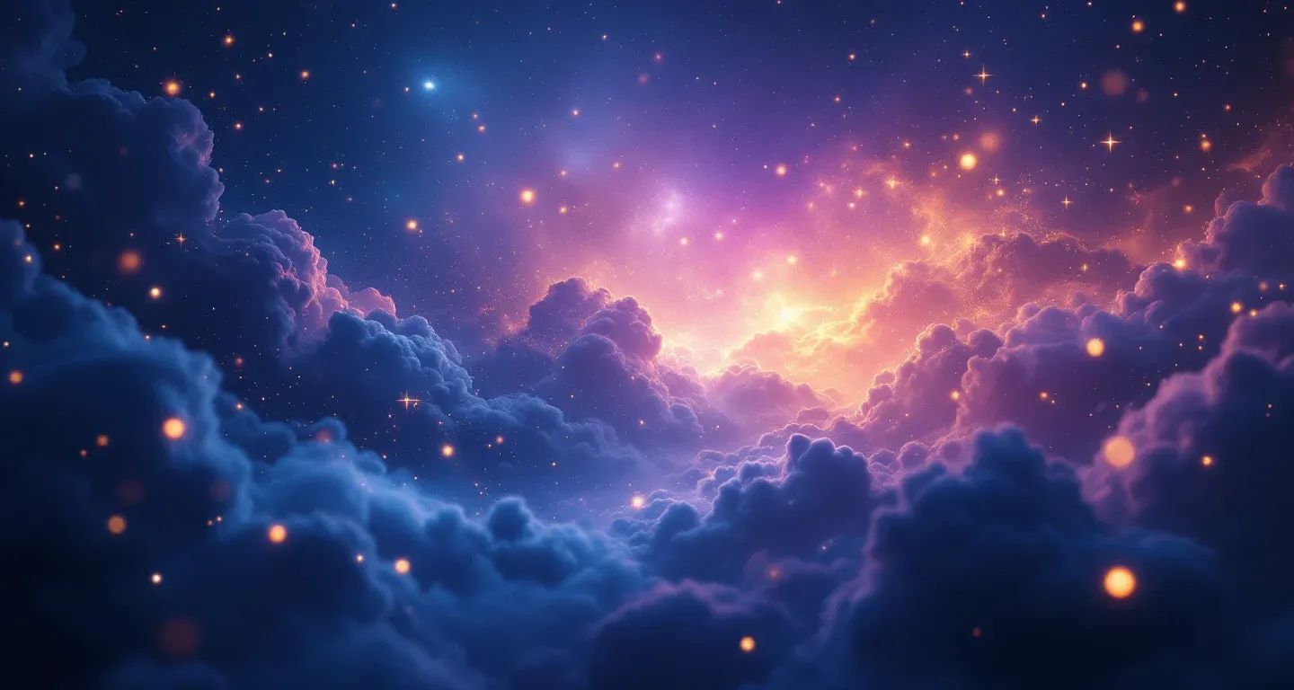 Escena onírica atmosférica con nebulosas morado-magenta y estrellas doradas, que representa el símbolo de ver en sueños la mejor web de interpretación de sueños.