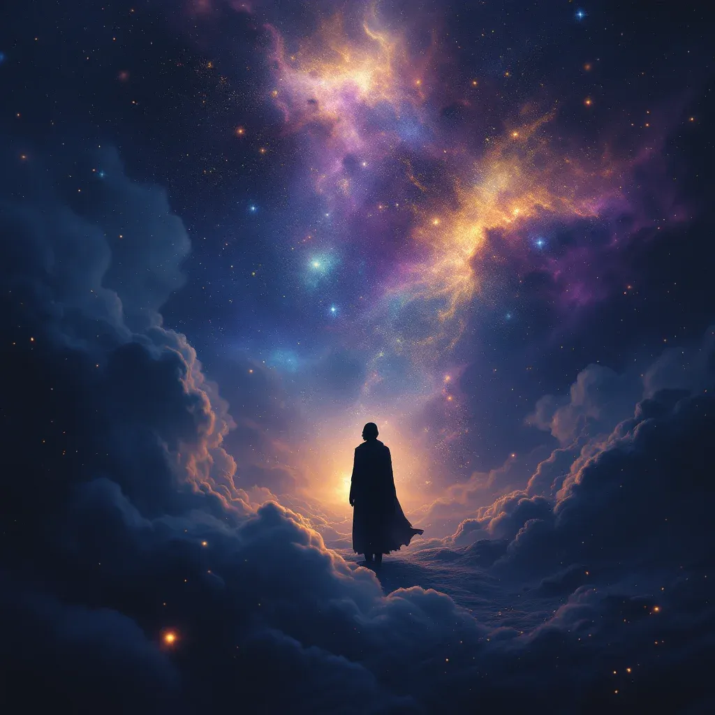 Der Blick von Ibn Sirin — ein kosmisches Mini-Bild, das die Ibn-Sirin-Variante des Symbols „Eine Schabe im Traum sehen“ darstellt.