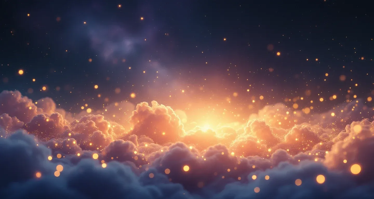 Rüyada Ihya Rüya Tabirleri Görmek sembolünü temsil eden, mor-magenta bulutsu ve altın yıldızlardan oluşan atmosferik rüya sahnesi.