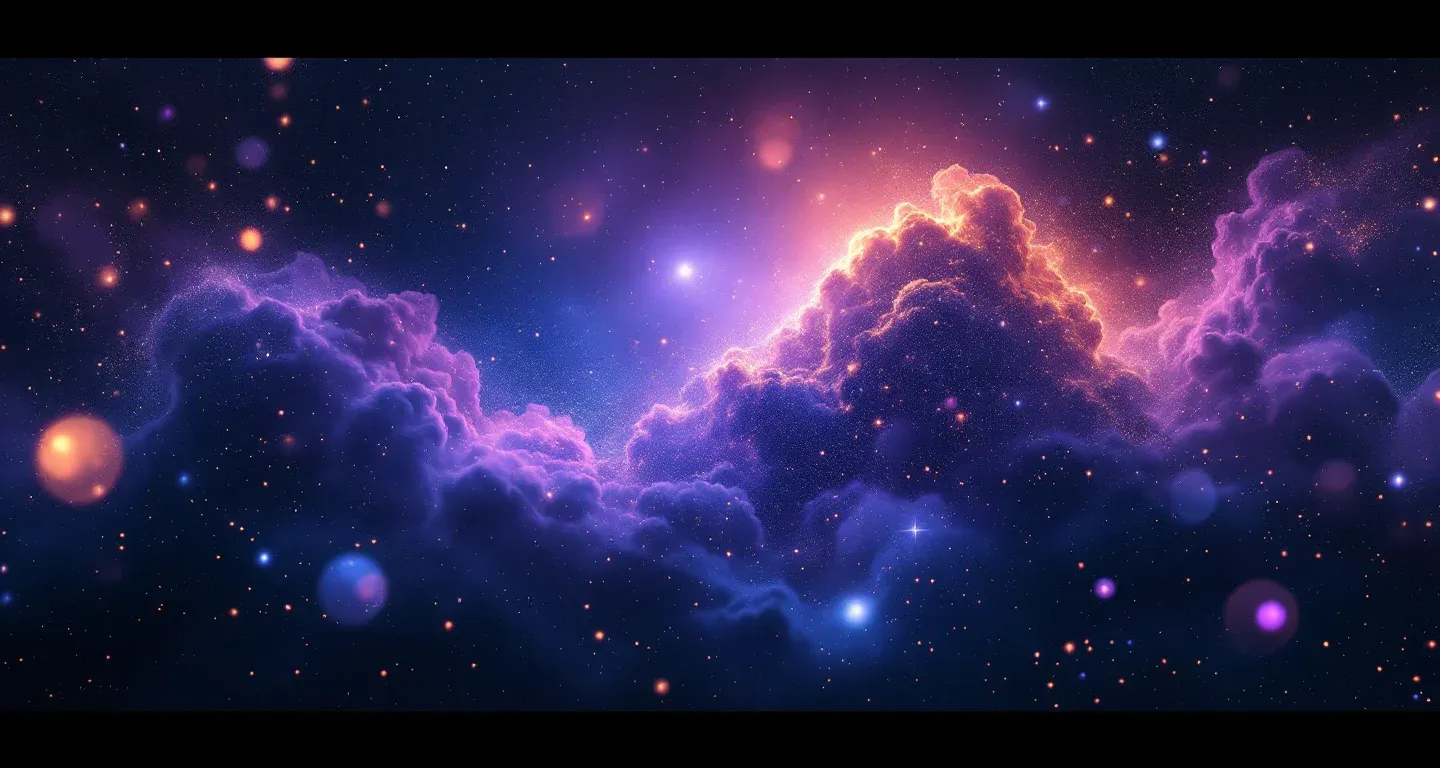 Escena onírica atmosférica con una nebulosa morado-magenta y estrellas doradas, que representa el símbolo de ver en sueños los libros de interpretación de sueños islámicos Ihya.