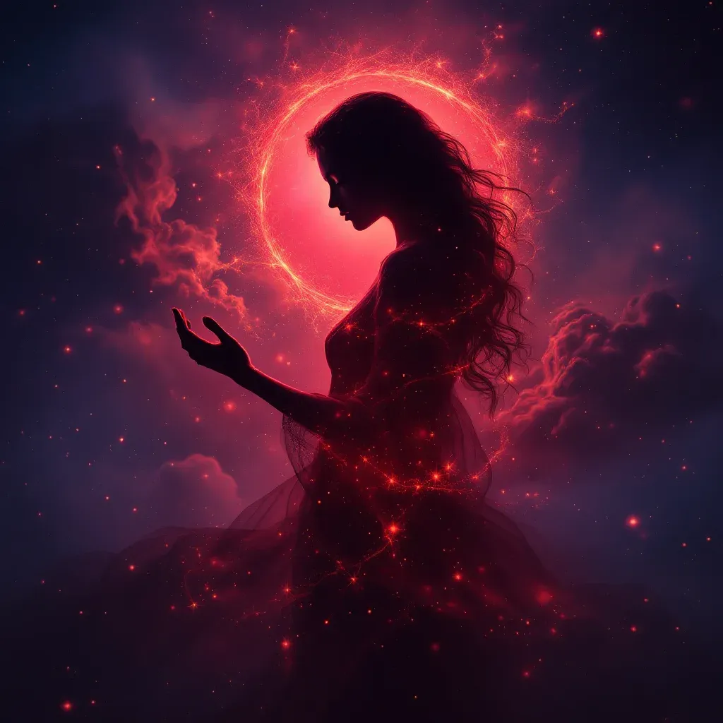 Die Mutter in Rot sehen — kosmisches Mini-Bild, das die Variante „Die Mutter in Rot sehen“ des Symbols „Im Traum mit der Mutter sprechen“ darstellt.
