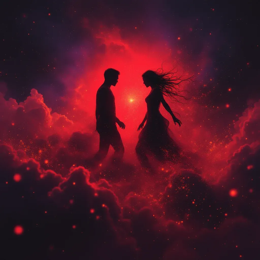 Pelea en tonos rojos — Imagen cósmica pequeña que representa la variante de pelear con alguien conocido en sueños en tonos rojos.