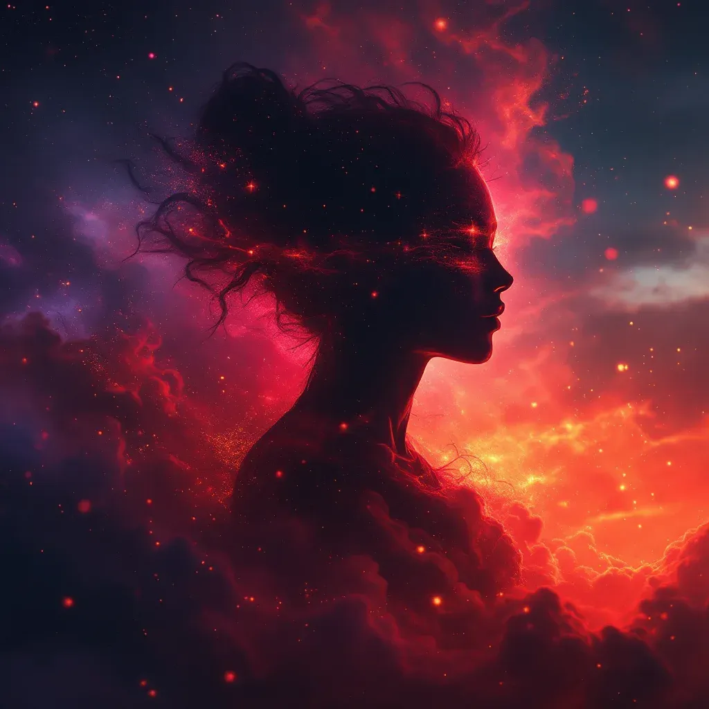 鲜红色出血 — 代表梦见怀孕时出血这一象征的鲜红出血变体的宇宙感小图。