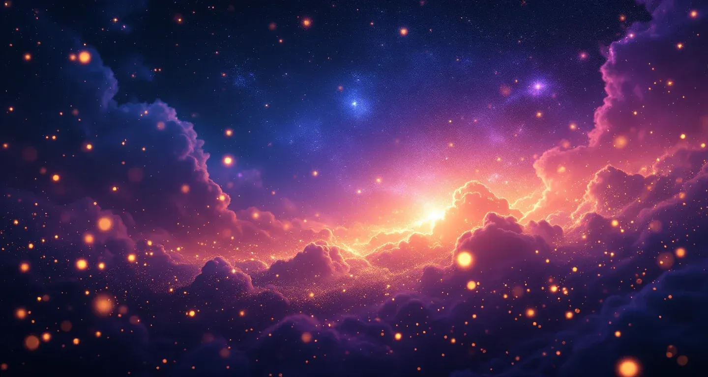 Escena onírica atmosférica con una nebulosa morada-magenta y estrellas doradas, que representa el símbolo de soñar con hacer wudu renovador.