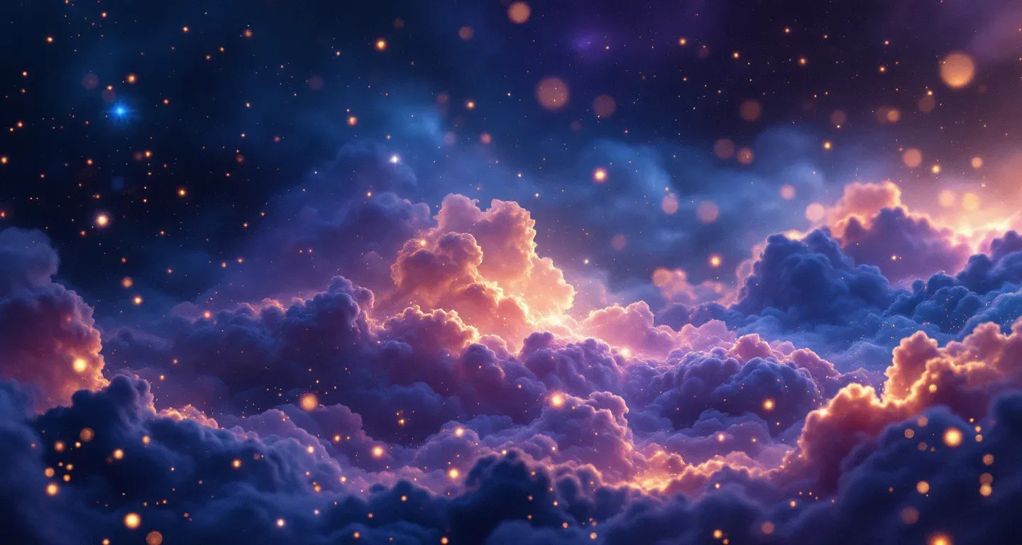 Escena onírica atmosférica con nebulosas moradas y magenta y estrellas doradas que representa el símbolo de soñar con una hermana mayor.