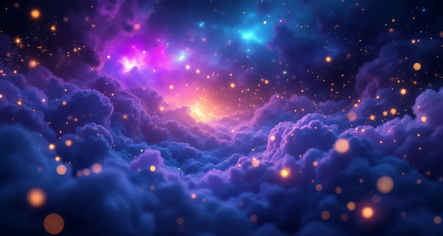 Escena onírica atmosférica con nebulosas moradas y magenta, y estrellas doradas, que representa el símbolo de ver apertura en un sueño.
