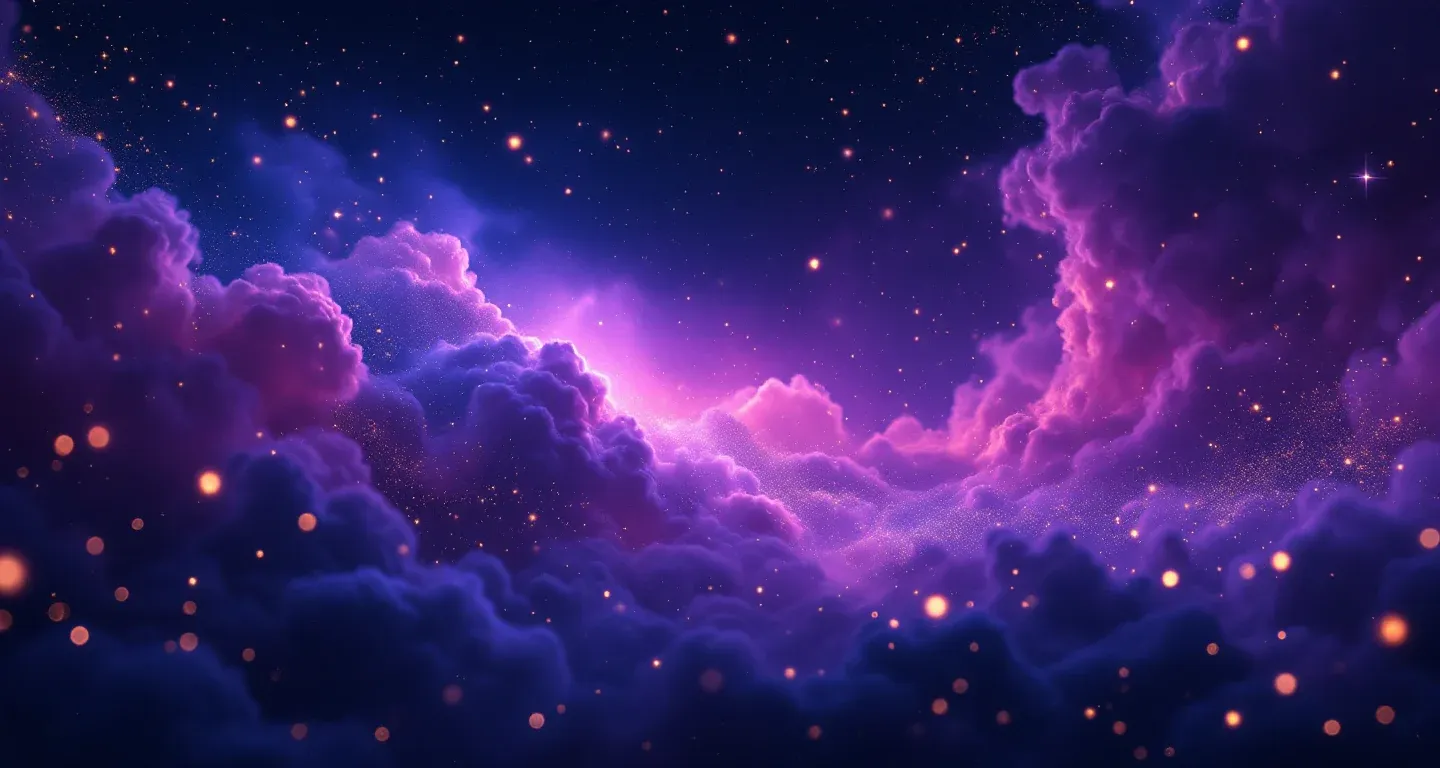 Escena onírica atmosférica con nebulosa morado-magenta y estrellas doradas que representa el símbolo de soñar con tener la menstruación.