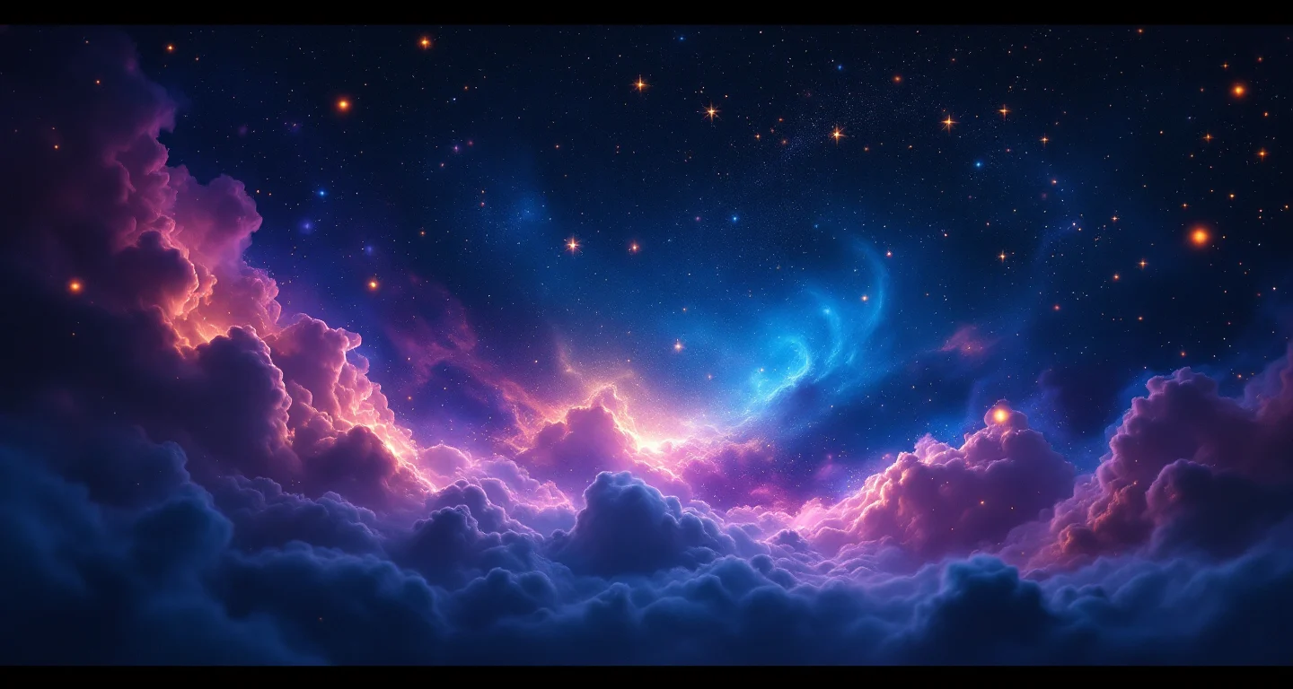 Rüyada Adet Olduğunu Görmek sembolünü temsil eden, mor-magenta bulutsu ve altın yıldızlardan oluşan atmosferik rüya sahnesi.