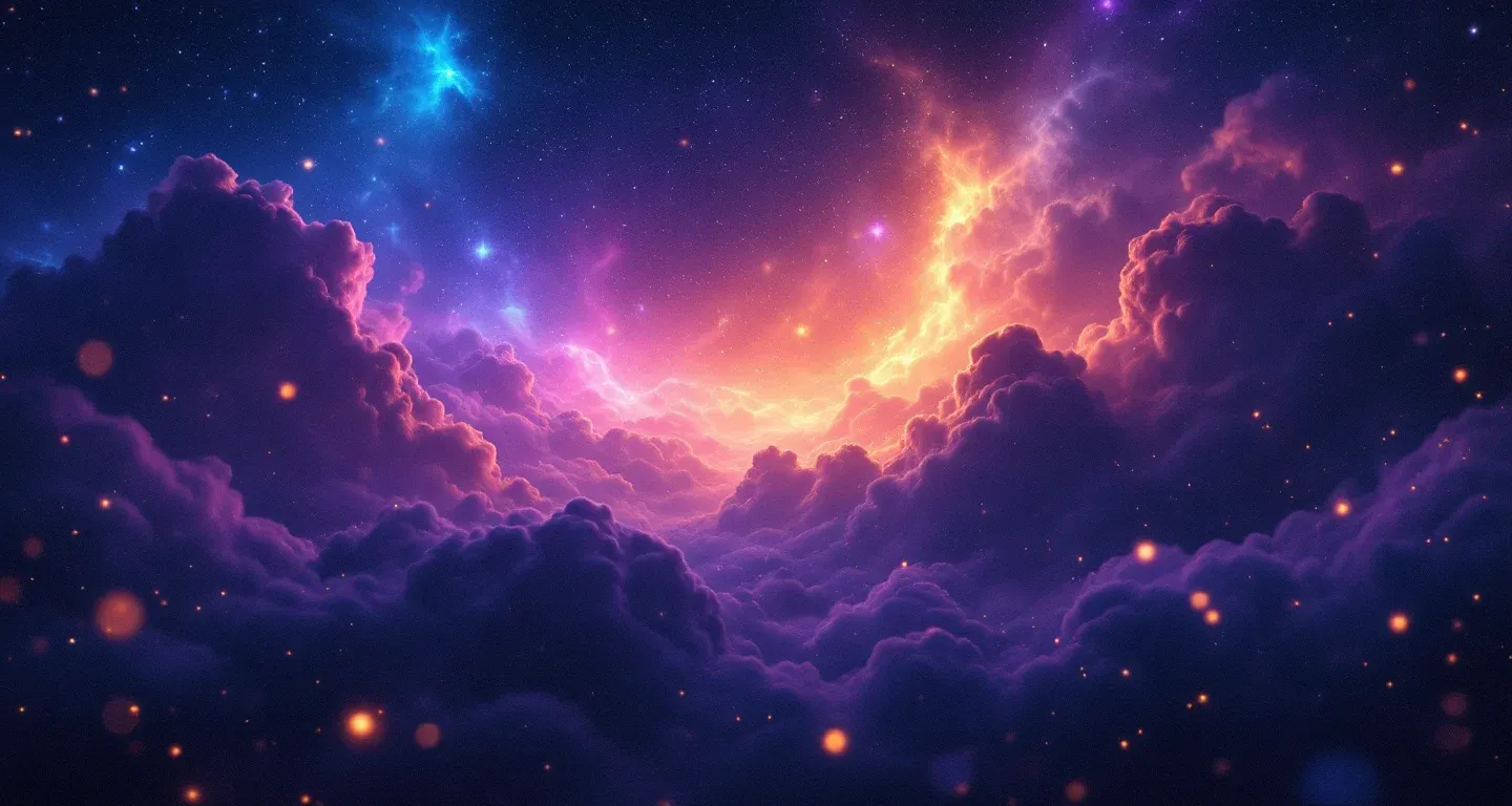 Escena onírica atmosférica con una nebulosa morado-magenta y estrellas doradas, que representa el símbolo de soñar que te cuesta dar pasos.