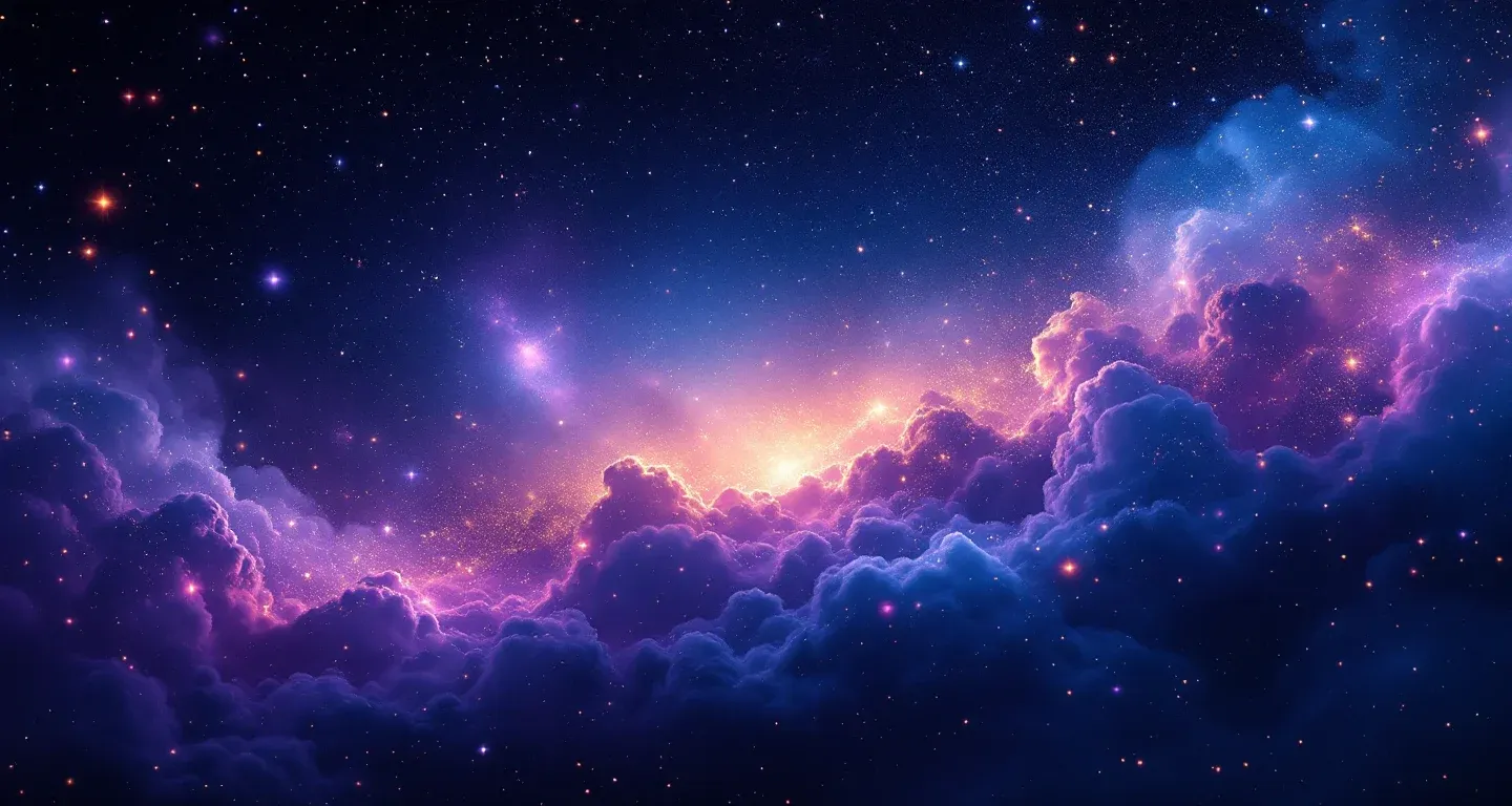An atmospheric dream scene of purple-magenta nebulae and golden stars representing the symbol of climbing up and down a tree in a dream.