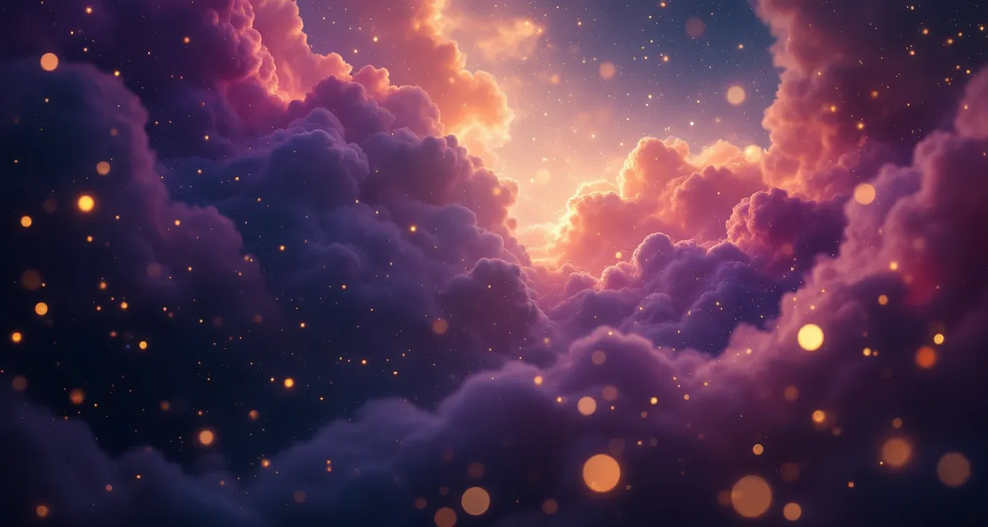 Escena onírica atmosférica en tonos morados y magenta con estrellas doradas, que representa el símbolo de verse sacando excremento por la boca en sueños.