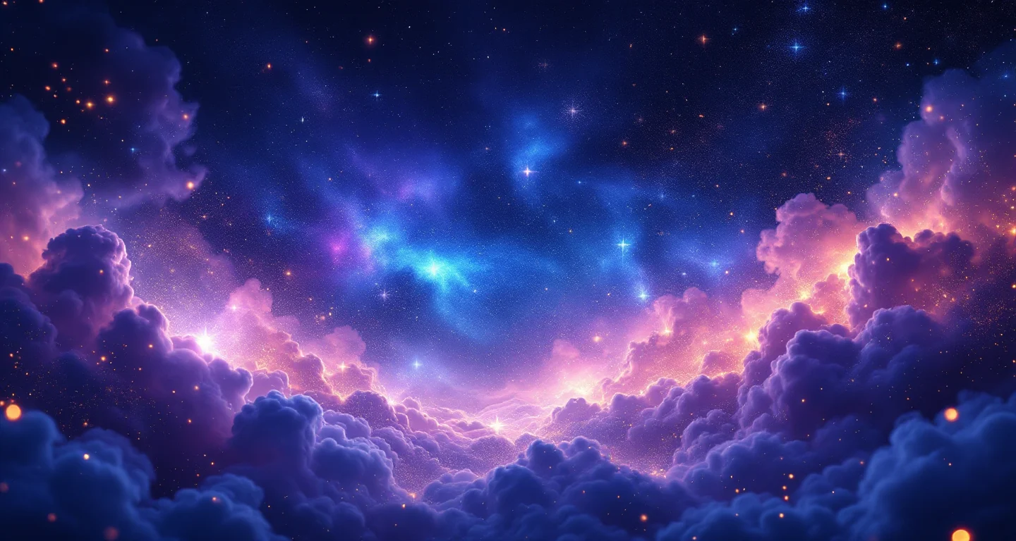 Rüyada Ağlamak Görmek sembolünü temsil eden, mor-magenta bulutsu ve altın yıldızlardan oluşan atmosferik rüya sahnesi.