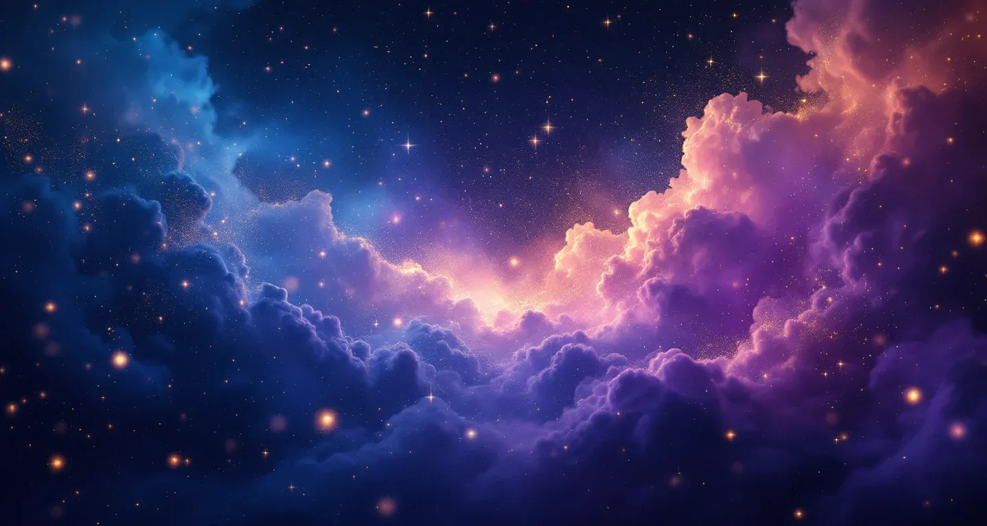 Escena onírica atmosférica con nebulosas morado-magenta y estrellas doradas, que representa el símbolo de ver un avión volando bajo en sueños.