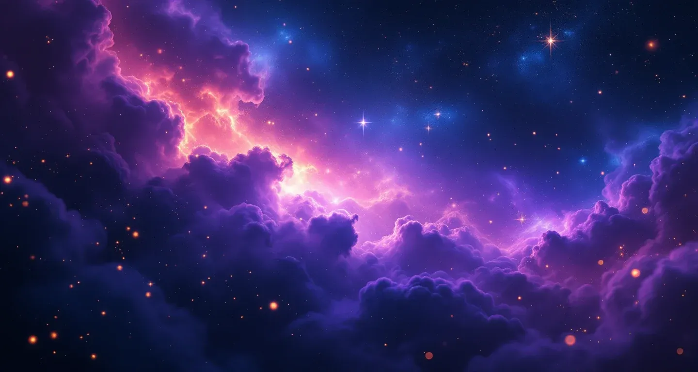 Escena onírica atmosférica con una nebulosa morada y magenta, y estrellas doradas, que representa el símbolo de soñar que te engañan.