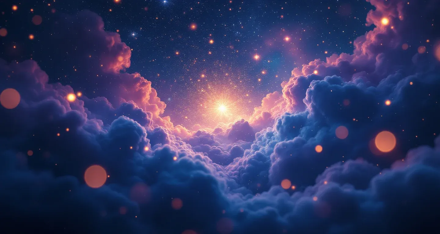 Escena onírica atmosférica con neblina morado-magenta y estrellas doradas que representa el símbolo de soñar con rebelarse contra Dios.