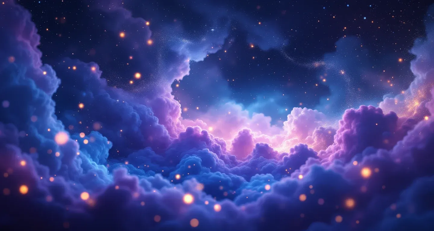 Rüyada Altın Bulmak sembolünü temsil eden, mor-magenta bulutsu ve altın yıldızlardan oluşan atmosferik rüya sahnesi.