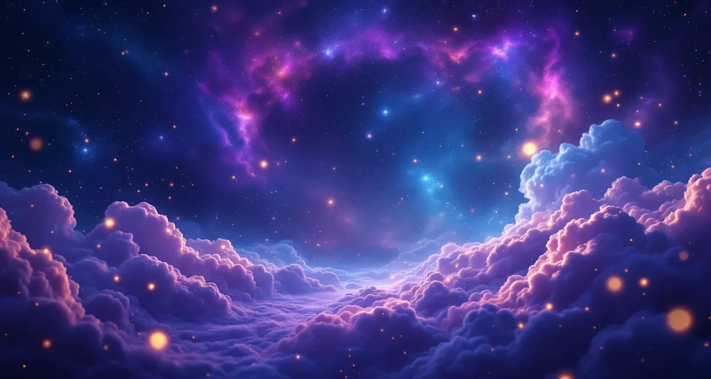 Escena onírica atmosférica con nebulosas moradas y magenta, y estrellas doradas, que representa el símbolo de soñar con robar oro.