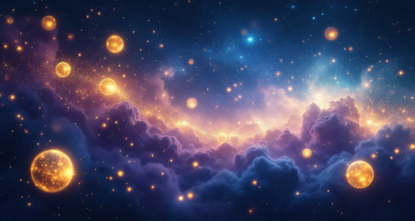 Escena onírica atmosférica con nebulosas morado-magenta y estrellas doradas que representa el símbolo de ver oro en un sueño.