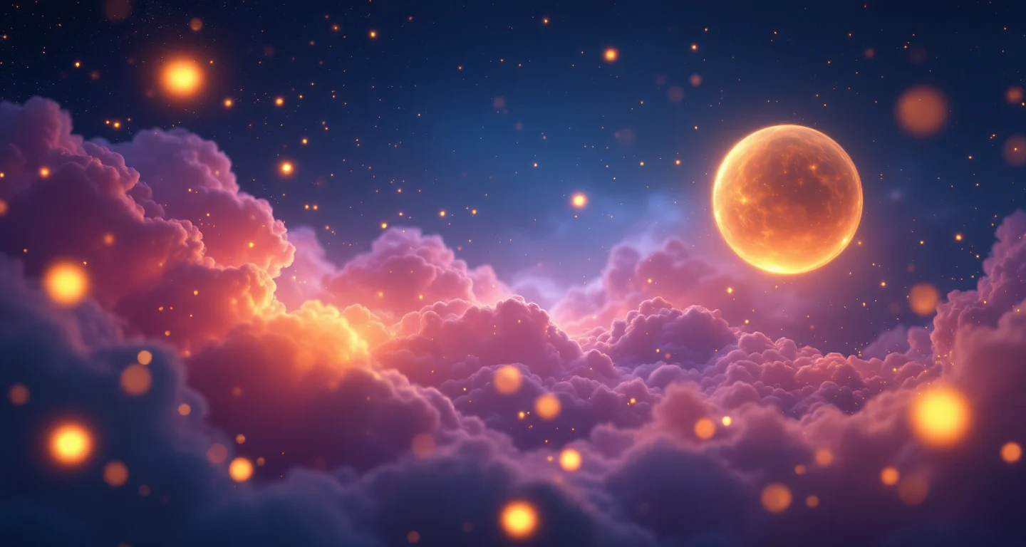 Rüyada Altın Görmek sembolünü temsil eden, mor-magenta bulutsu ve altın yıldızlardan oluşan atmosferik rüya sahnesi.