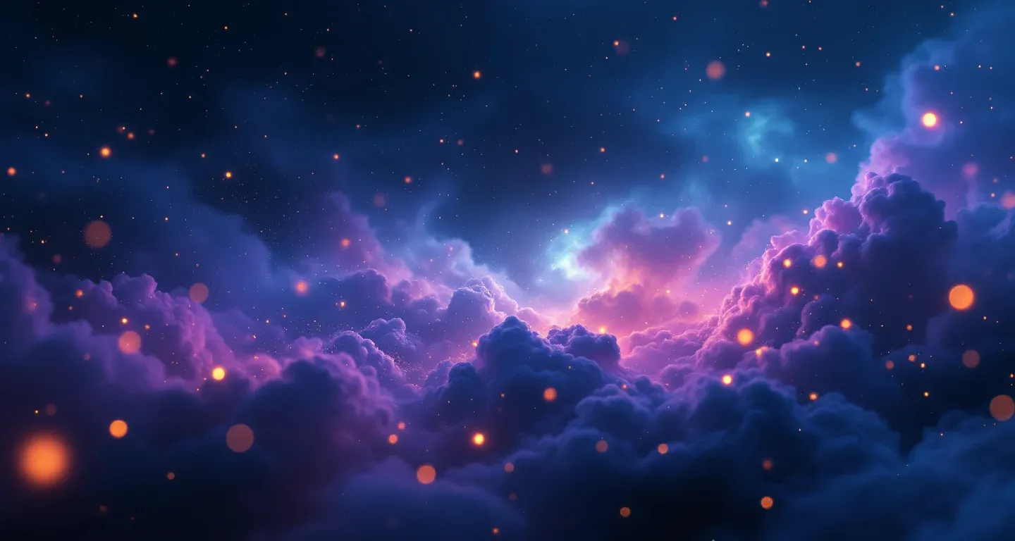 Cena onírica atmosférica com névoa roxo-magenta e estrelas douradas, representando o símbolo de usar ouro em sonho.
