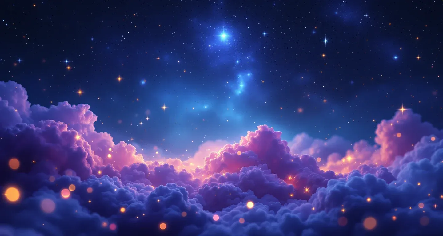 代表梦见赤身裸体的男人这一象征的氛围式梦境画面，由紫红色星云与金色星光构成。