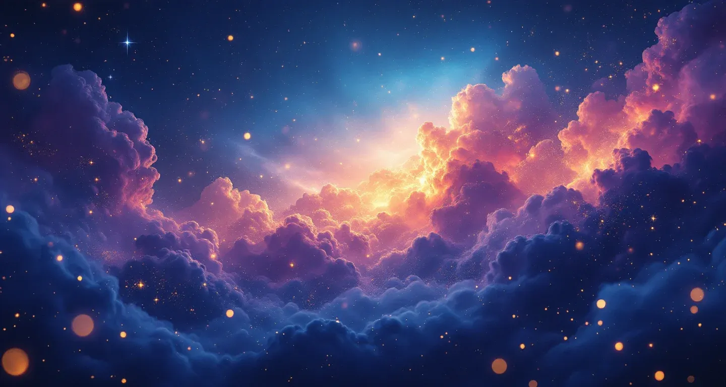 An atmospheric dream scene made of purple-magenta nebula clouds and golden stars, representing the symbol of seeing a key in a dream.