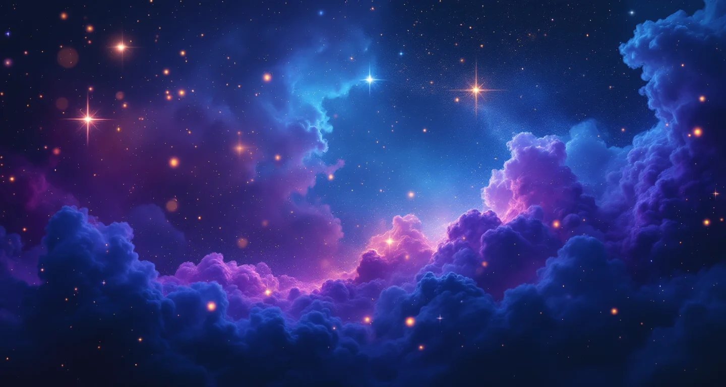 Rüyada Anahtar Kaybetmek sembolünü temsil eden, mor-magenta bulutsu ve altın yıldızlardan oluşan atmosferik rüya sahnesi.