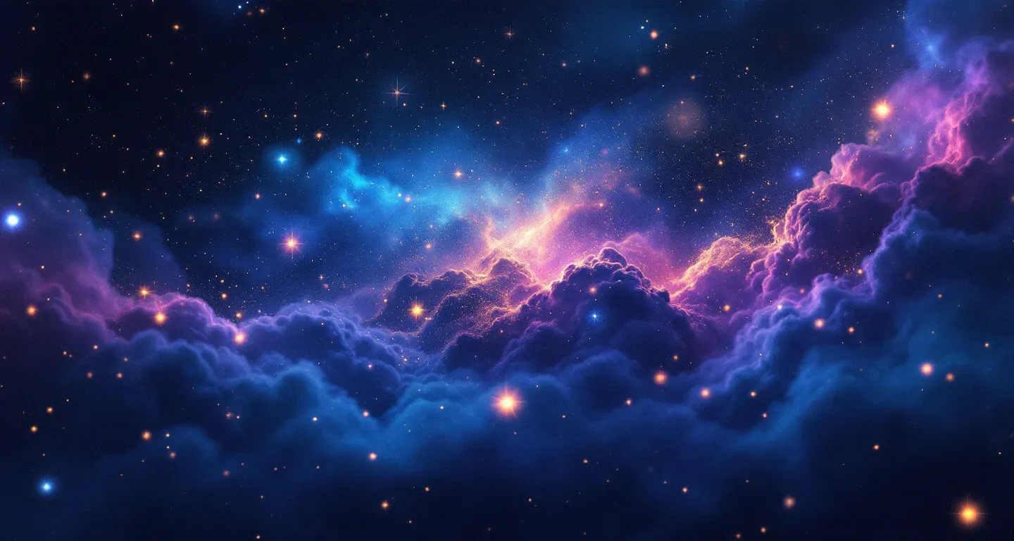 Atmosphärische Traumszene aus violett-magenta Nebel und goldenen Sternen, die das Symbol „Im Traum mit der Mutter sprechen“ darstellt.