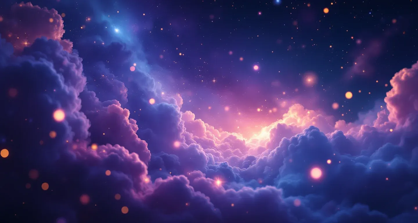 Escena de sueño atmosférica que representa el símbolo de ver a la madre y la hija pelearse, con una nebulosa morado-magenta y estrellas doradas.