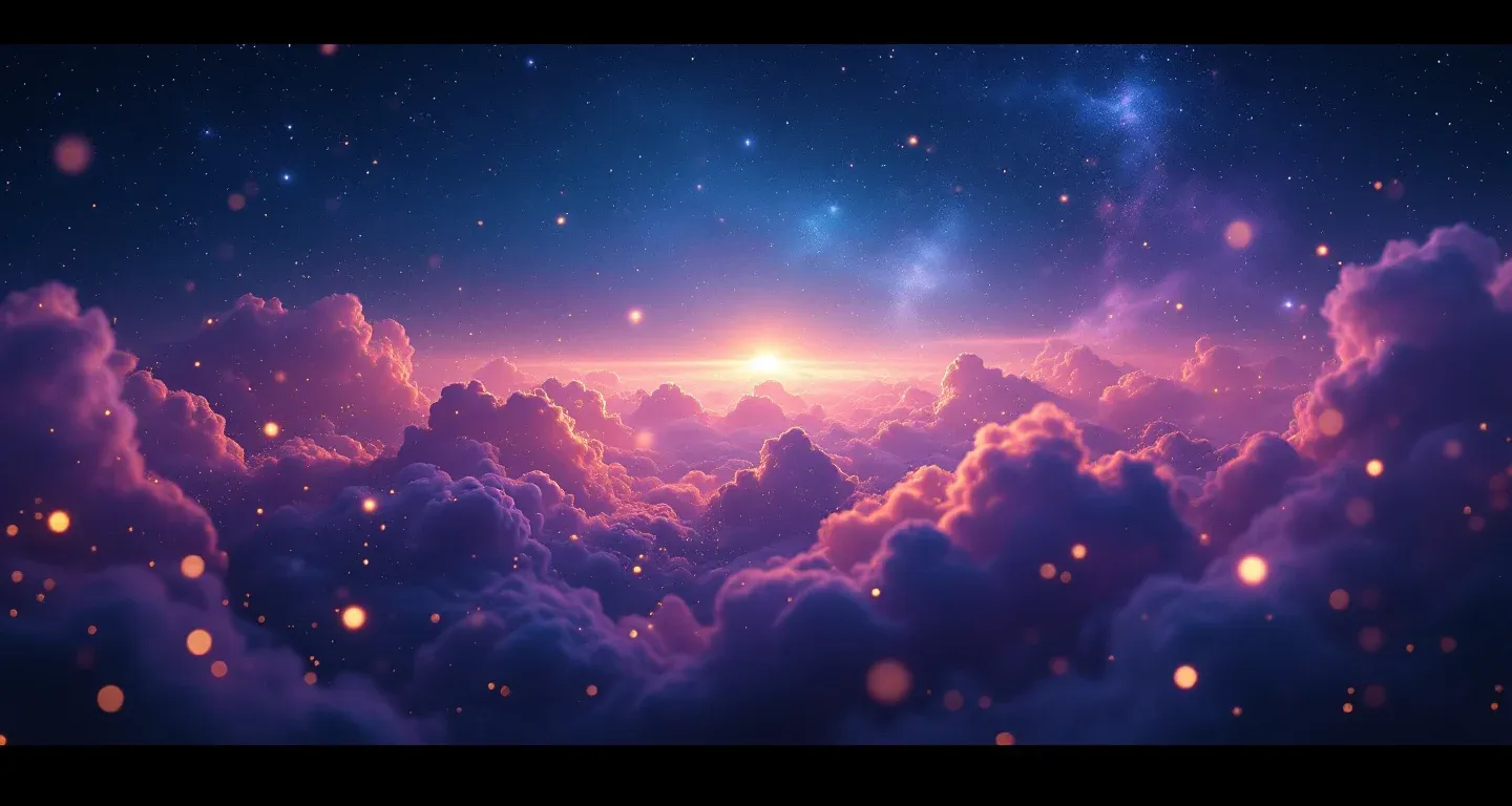Escena onírica atmosférica con neblina morado-magenta y estrellas doradas que representa el símbolo de ver a la abuela en sueños.
