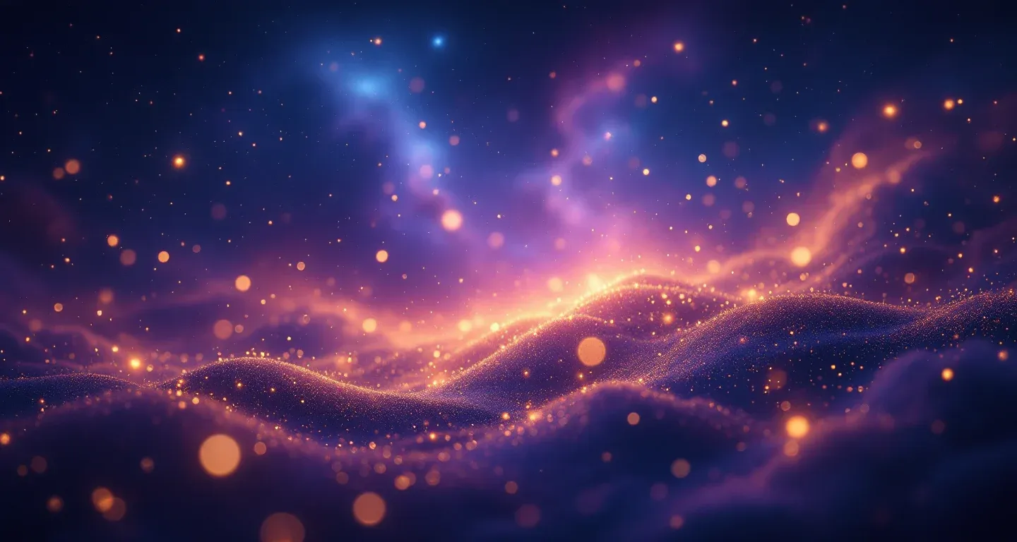 Atmosphärische Traumszene mit violett-magenta Nebel und goldenen Sternen, die das Symbol „Im Traum ein Auto kaufen“ darstellt.