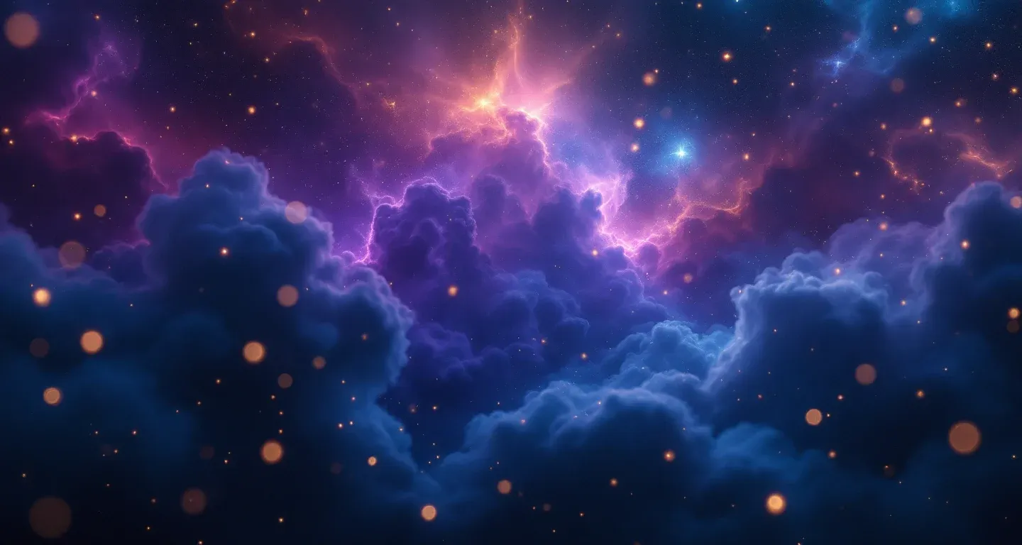 Escena onírica atmosférica con nebulosas morado-magenta y estrellas doradas que representa el símbolo de soñar con un coche.