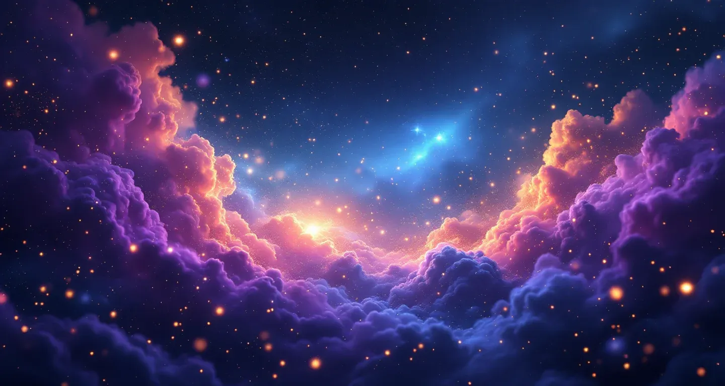Escena onírica atmosférica con nebulosa morado-magenta y estrellas doradas, que representa el símbolo de la caída del ascensor.