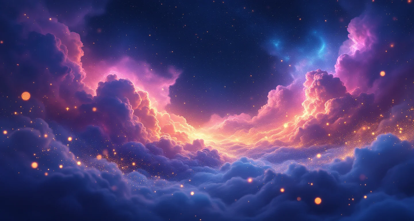 Rüyada Asansöre Binmek sembolünü temsil eden, mor-magenta bulutsu ve altın yıldızlardan oluşan atmosferik rüya sahnesi.