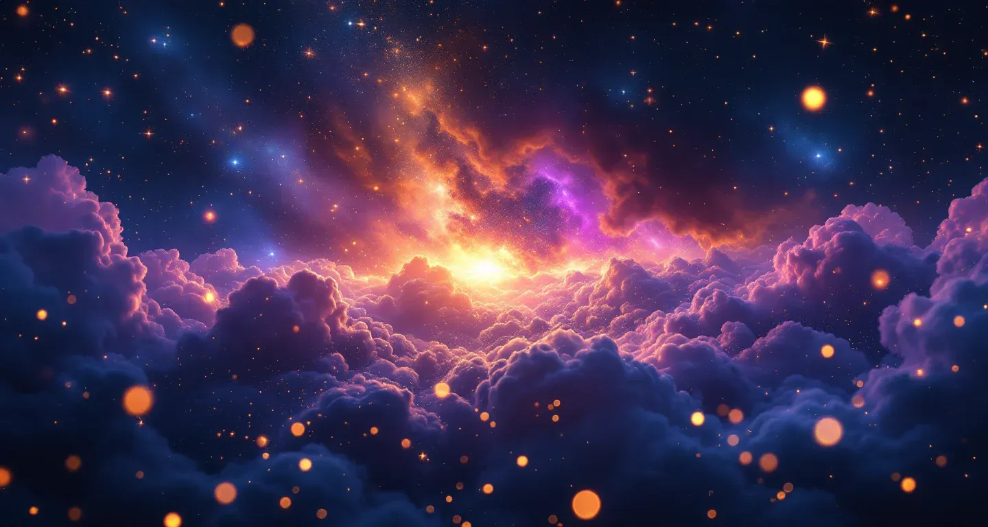 Escena onírica atmosférica de nubes morado-magenta y estrellas doradas que representa el símbolo de soñar con ver vello en la zona íntima en el islam.