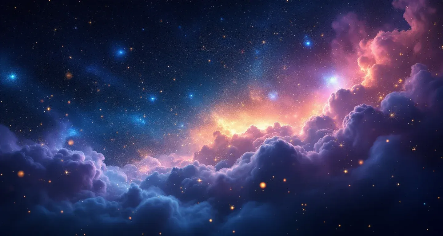 Escena onírica atmosférica con nebulosas morado-magenta y estrellas doradas que representa el símbolo de ver en sueños limpiar el área íntima.