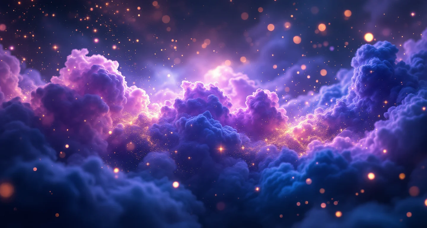 Ruyada Ayakkabi Gormek sembolünü temsil eden, mor-magenta bulutsu ve altın yıldızlardan oluşan atmosferik rüya sahnesi.