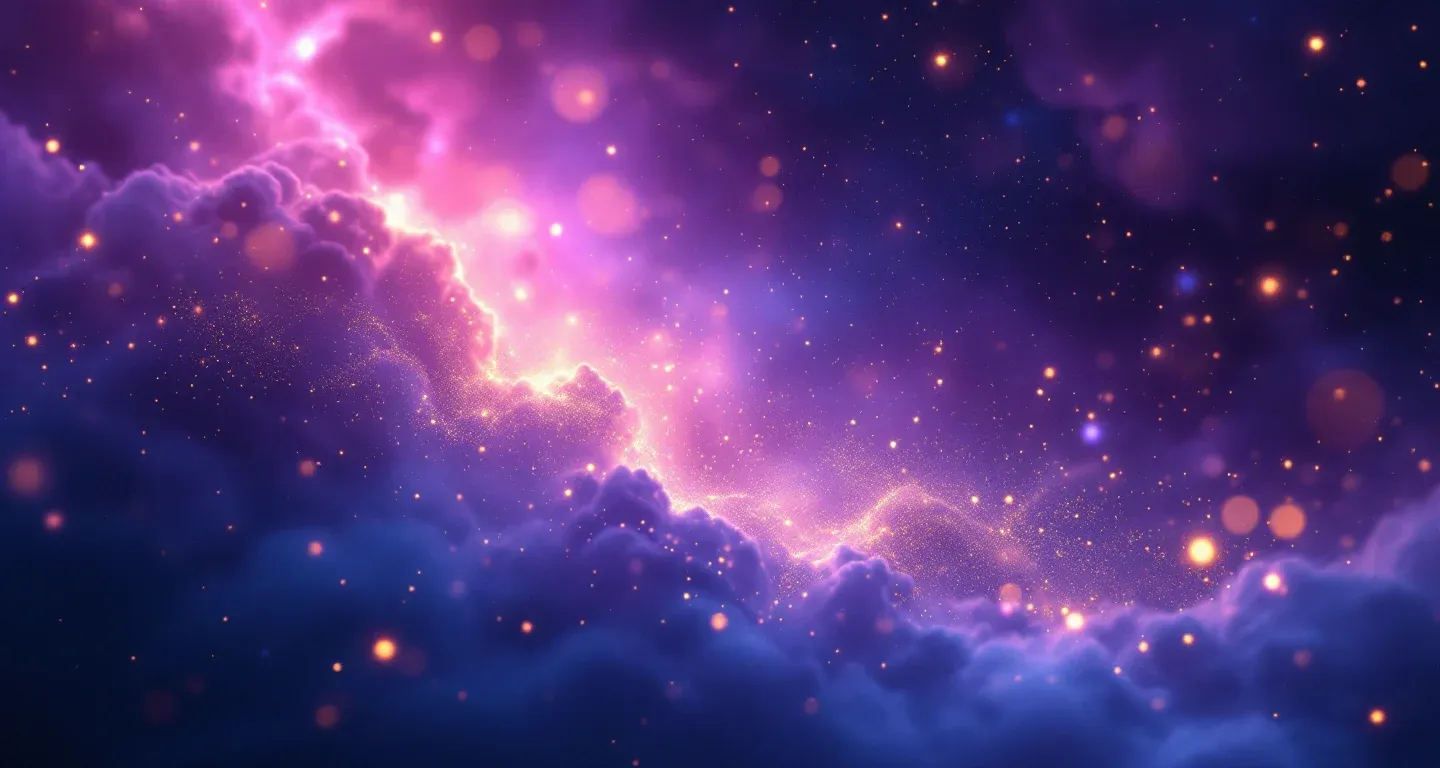 Escena onírica atmosférica con nebulosas morado-magenta y estrellas doradas que representa el símbolo de soñar con huir de un oso.
