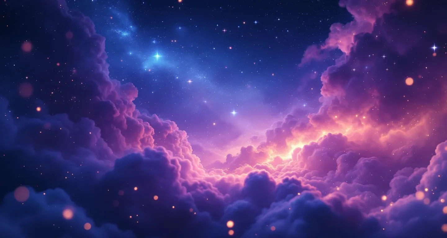 Escena de sueño atmosférica con nebulosas moradas y magenta y estrellas doradas que representa el símbolo de ver a mi abuela en sueños.