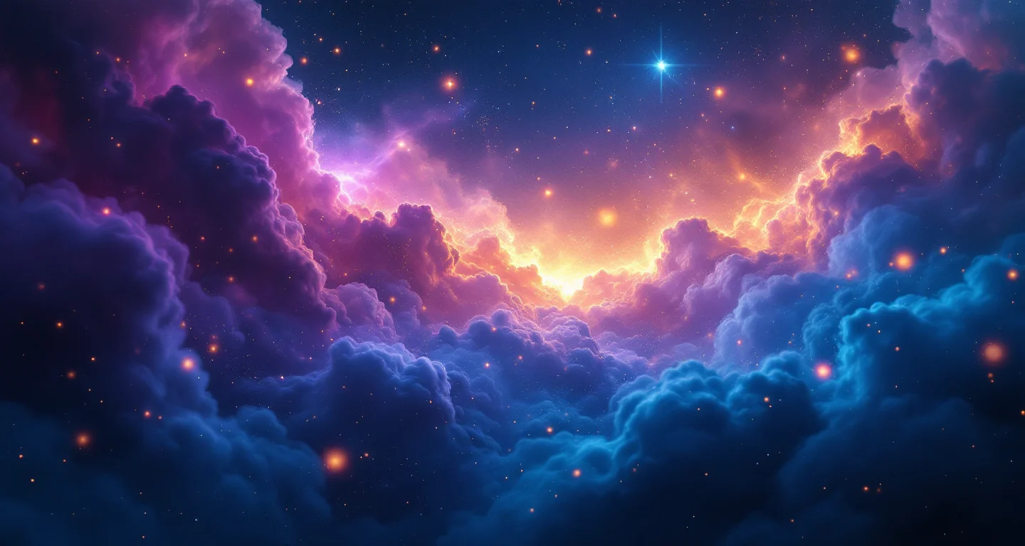 Rüyada Babaannenin Öldüğünü Duymak sembolünü temsil eden, mor-magenta bulutsu ve altın yıldızlardan oluşan atmosferik rüya sahnesi.