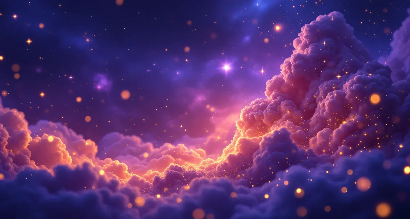 Escena onírica atmosférica con una nebulosa morada-magenta y estrellas doradas que representa el símbolo de comer baklava en sueños.