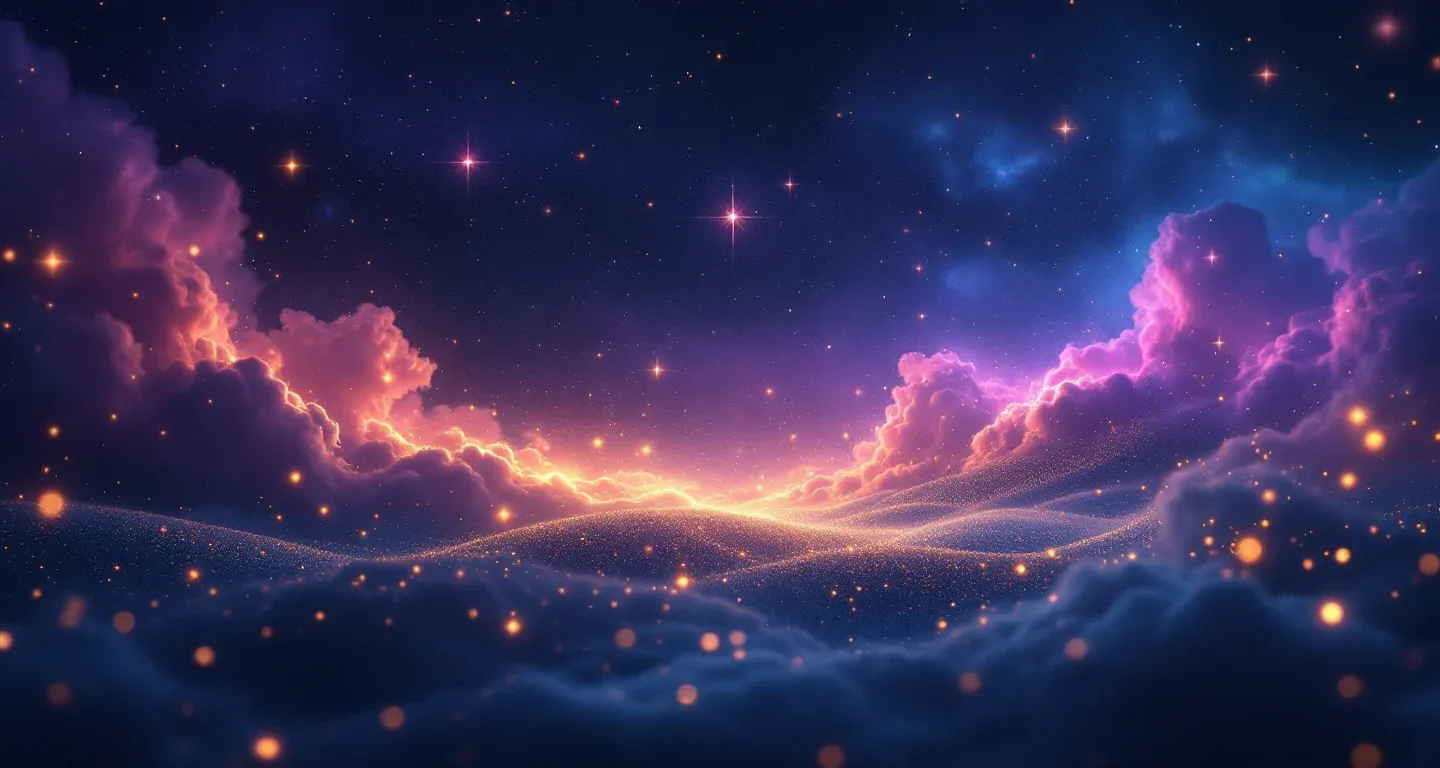 An atmospheric dream scene of purple-magenta nebulae and golden stars representing the symbol of seeing honey in a dream.