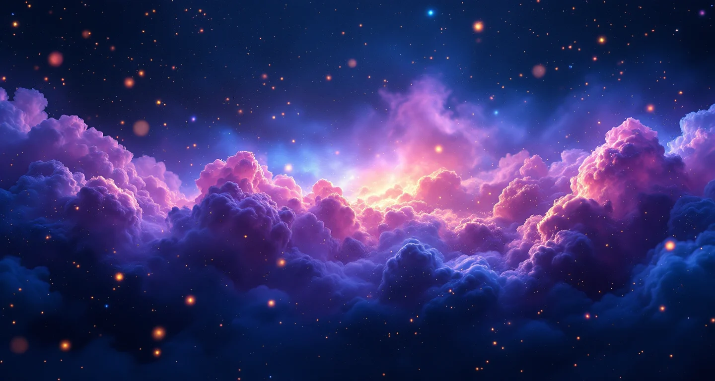 Rüyada Balık Tutmak Görmek sembolünü temsil eden, mor-magenta bulutsu ve altın yıldızlardan oluşan atmosferik rüya sahnesi.