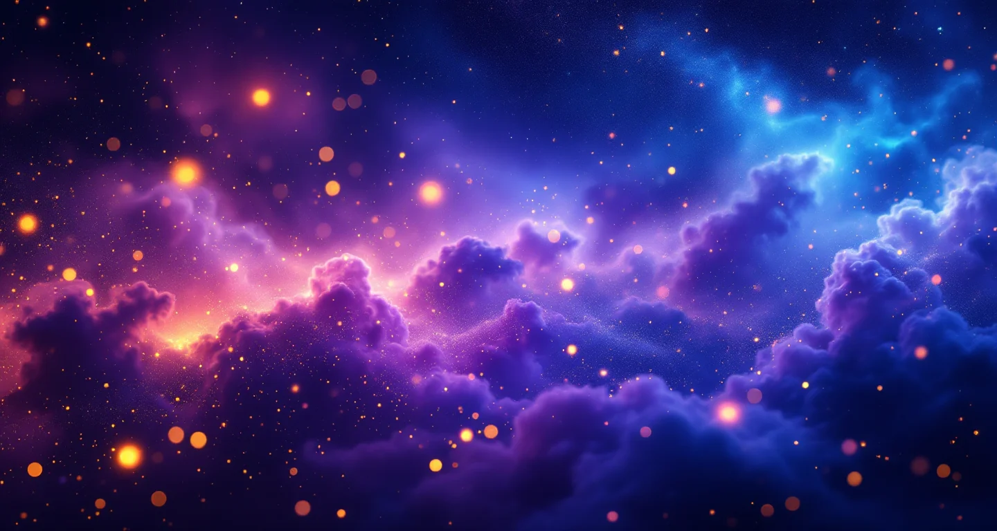 Rüyada Balık Yemek Görmek sembolünü temsil eden, mor-magenta bulutsu ve altın yıldızlardan oluşan atmosferik rüya sahnesi.