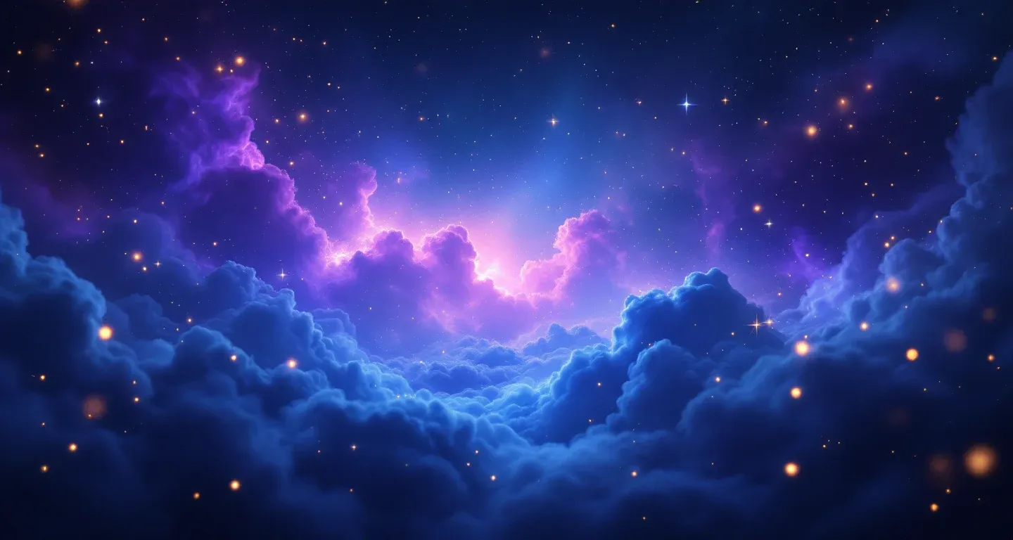 Escena onírica atmosférica con nebulosas moradas y magenta y estrellas doradas que representa el símbolo de soñar con una esponja de baño.