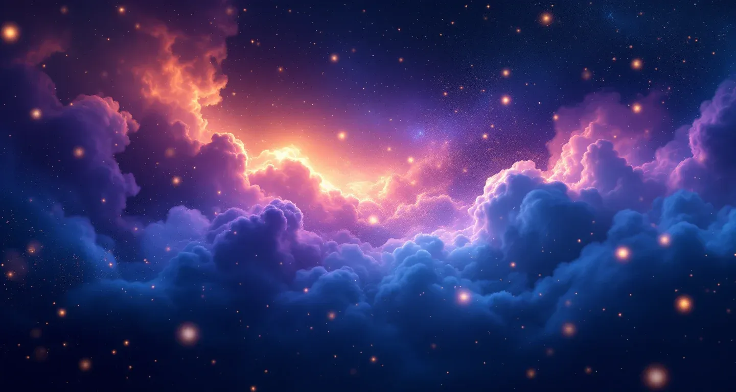 代表“梦见别人切肉”这一符号的梦幻场景：紫红色星云与金色星光交织的氛围画面。