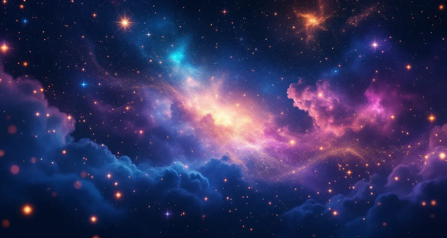 Escena onírica atmosférica con nebulosas morado-magenta y estrellas doradas que representa el símbolo de ver un ratón en la casa de otra persona.