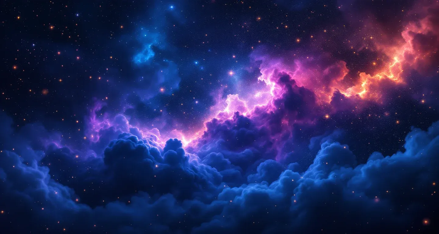 Escena onírica atmosférica con una nebulosa morado-magenta y estrellas doradas, que representa Ver la Ropa Sucia de Otra Persona en Sueños.