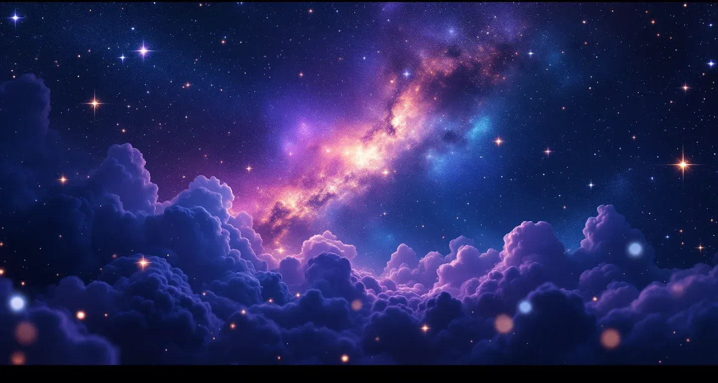 Escena onírica atmosférica con nebulosa morado-magenta y estrellas doradas que representa el símbolo de ver a otra persona preparando menemen en sueños.
